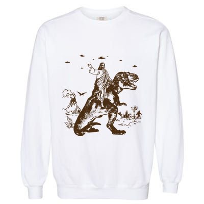 Jesus Riding Dinosaur Ufo Funny Garment-Dyed Sweatshirt