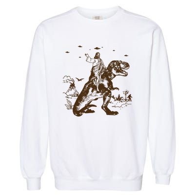 Jesus Riding Dinosaur Ufo Funny Garment-Dyed Sweatshirt