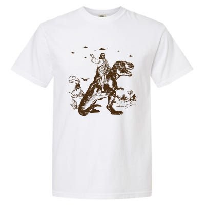 Jesus Riding Dinosaur Ufo Funny Garment-Dyed Heavyweight T-Shirt