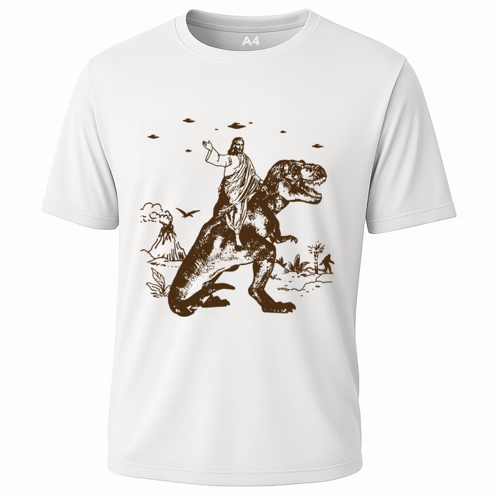 Jesus Riding Dinosaur Ufo Funny Cooling Performance Crew T-Shirt