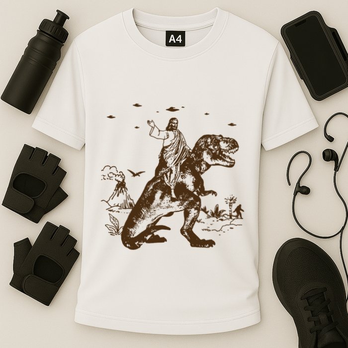 Jesus Riding Dinosaur Ufo Funny Cooling Performance Crew T-Shirt