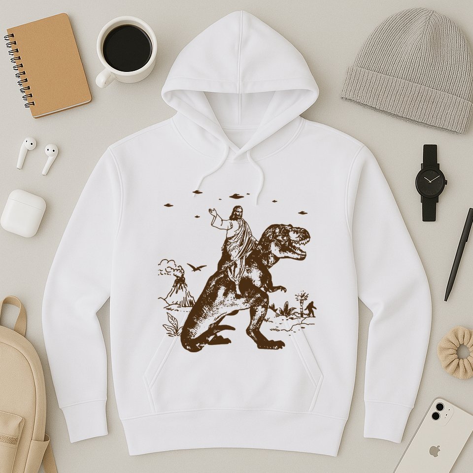 Jesus Riding Dinosaur Ufo Funny Hoodie