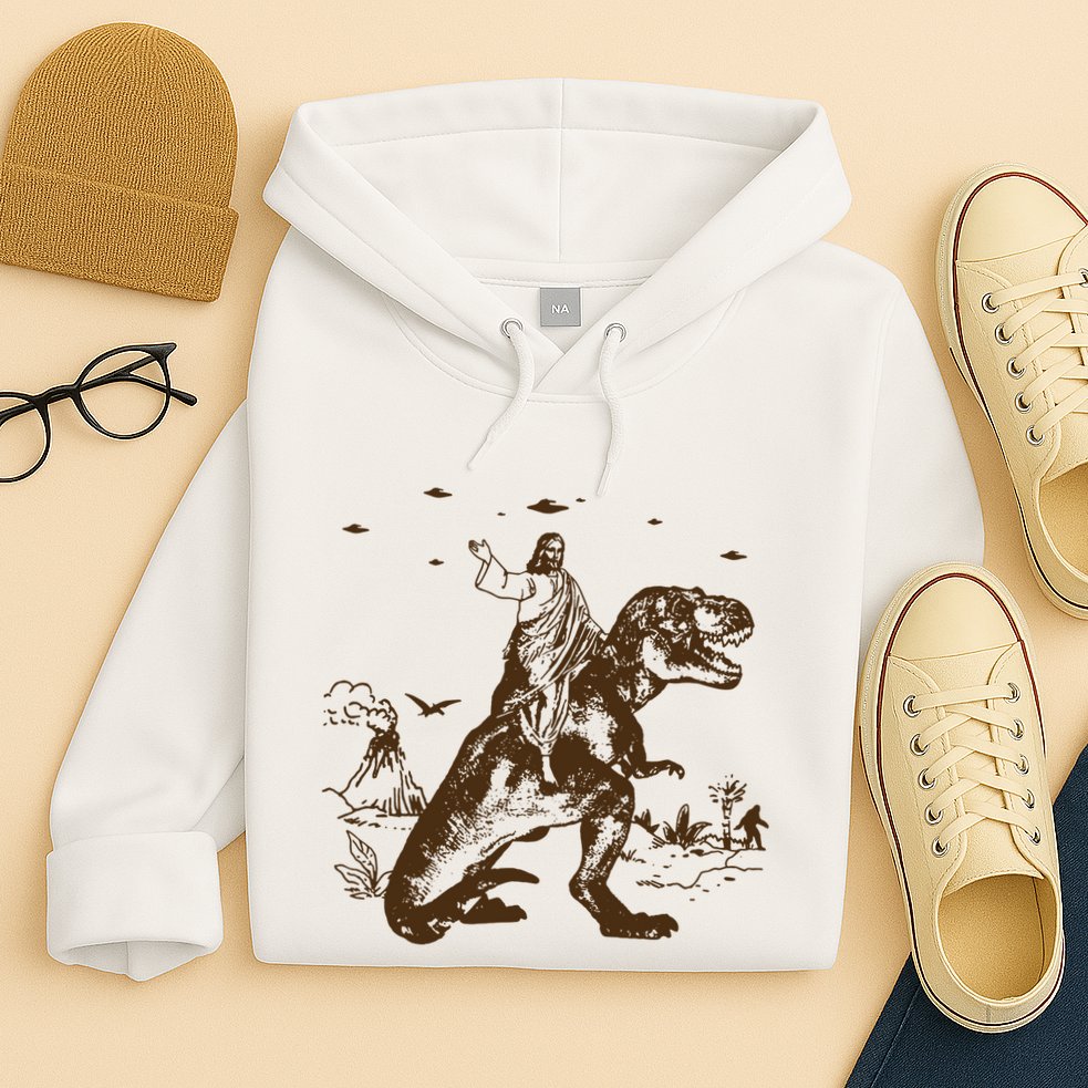 Jesus Riding Dinosaur Ufo Funny Hoodie