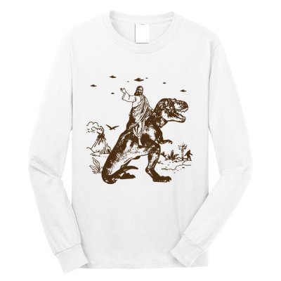 Jesus Riding Dinosaur Ufo Funny Long Sleeve Shirt