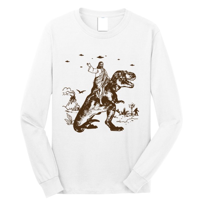 Jesus Riding Dinosaur Ufo Funny Long Sleeve Shirt