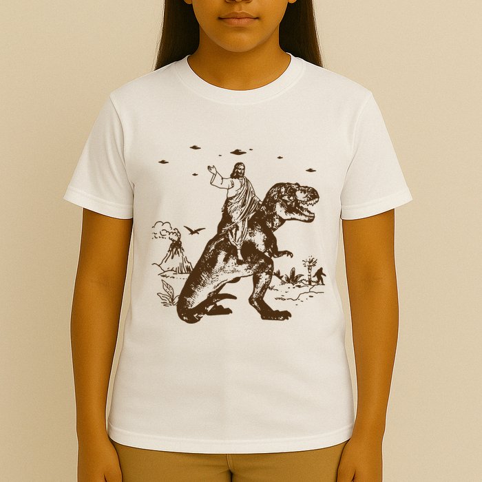 Jesus Riding Dinosaur Ufo Funny T-Shirt