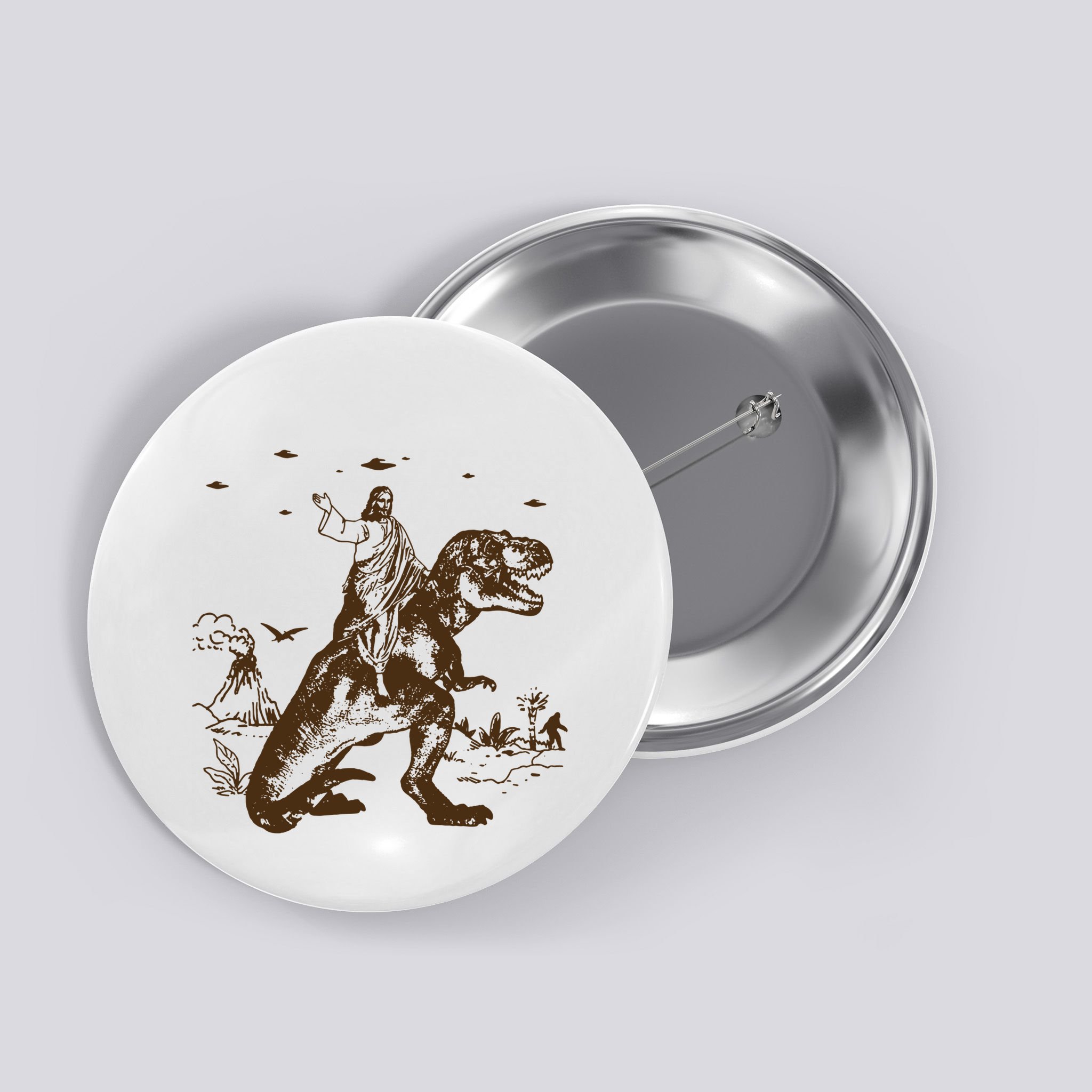 Jesus Riding Dinosaur Ufo Funny Button
