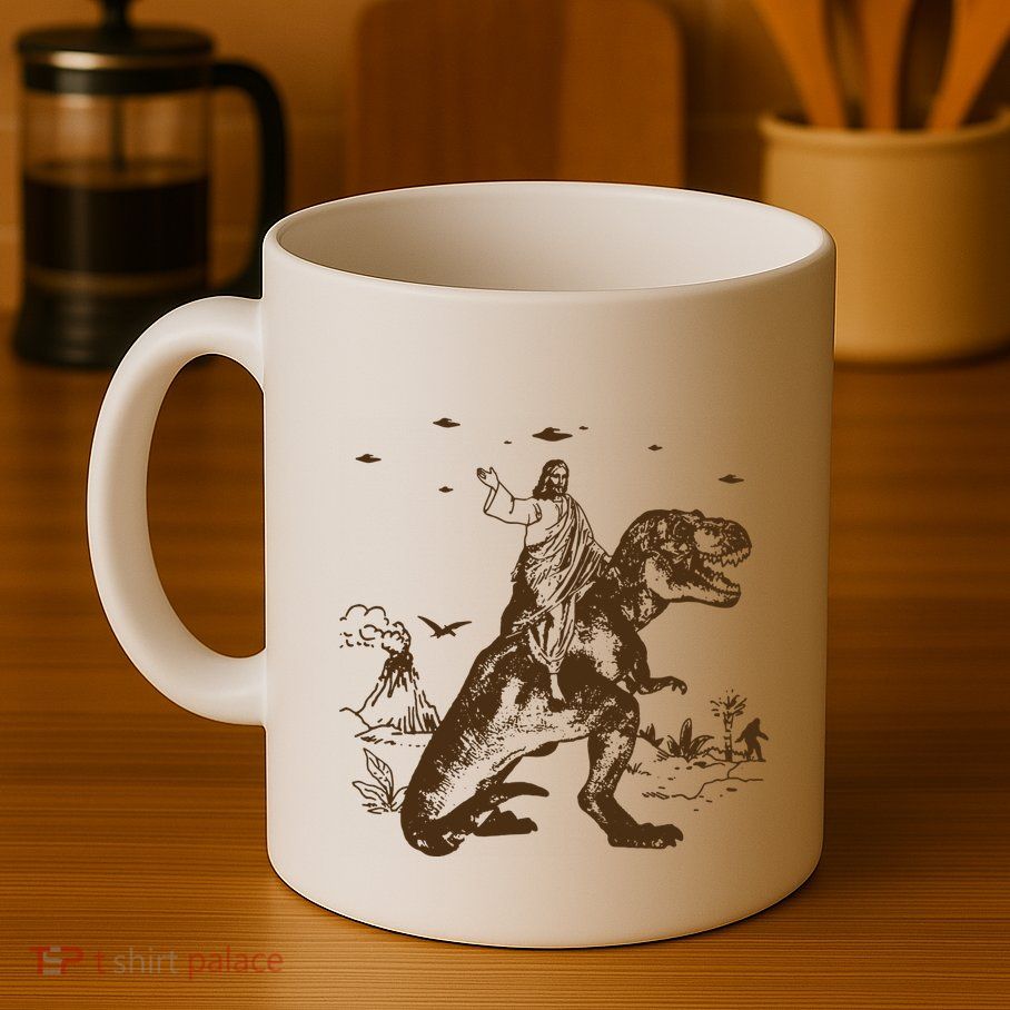 Jesus Riding Dinosaur Ufo Funny Mug