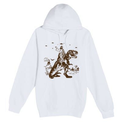 Jesus Riding Dinosaur Ufo Funny Premium Pullover Hoodie