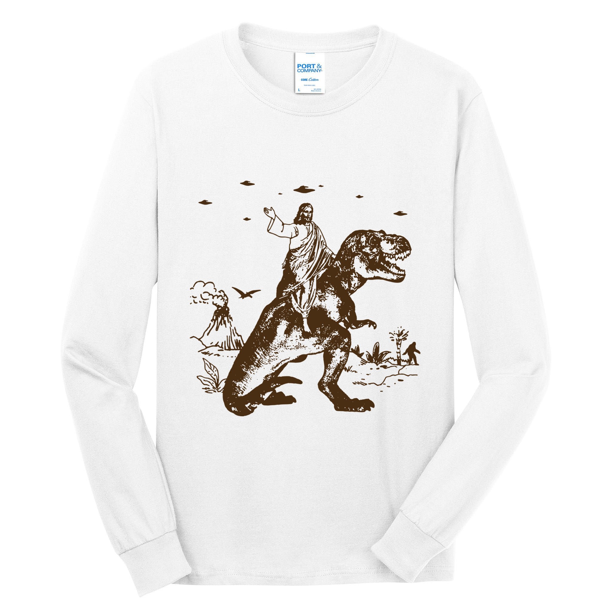 Jesus Riding Dinosaur Ufo Funny Tall Long Sleeve T-Shirt