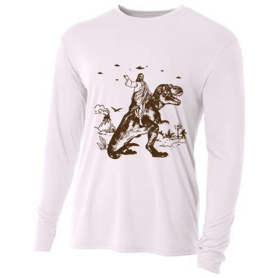 Jesus Riding Dinosaur Ufo Funny Cooling Performance Long Sleeve Crew