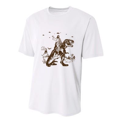 Jesus Riding Dinosaur Ufo Funny Youth Performance Sprint T-Shirt