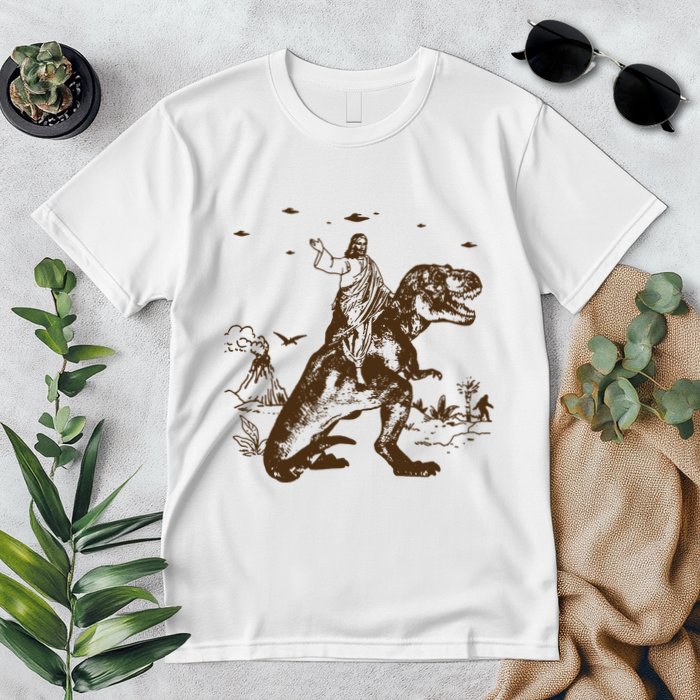 Jesus Riding Dinosaur Ufo Funny Premium T-Shirt