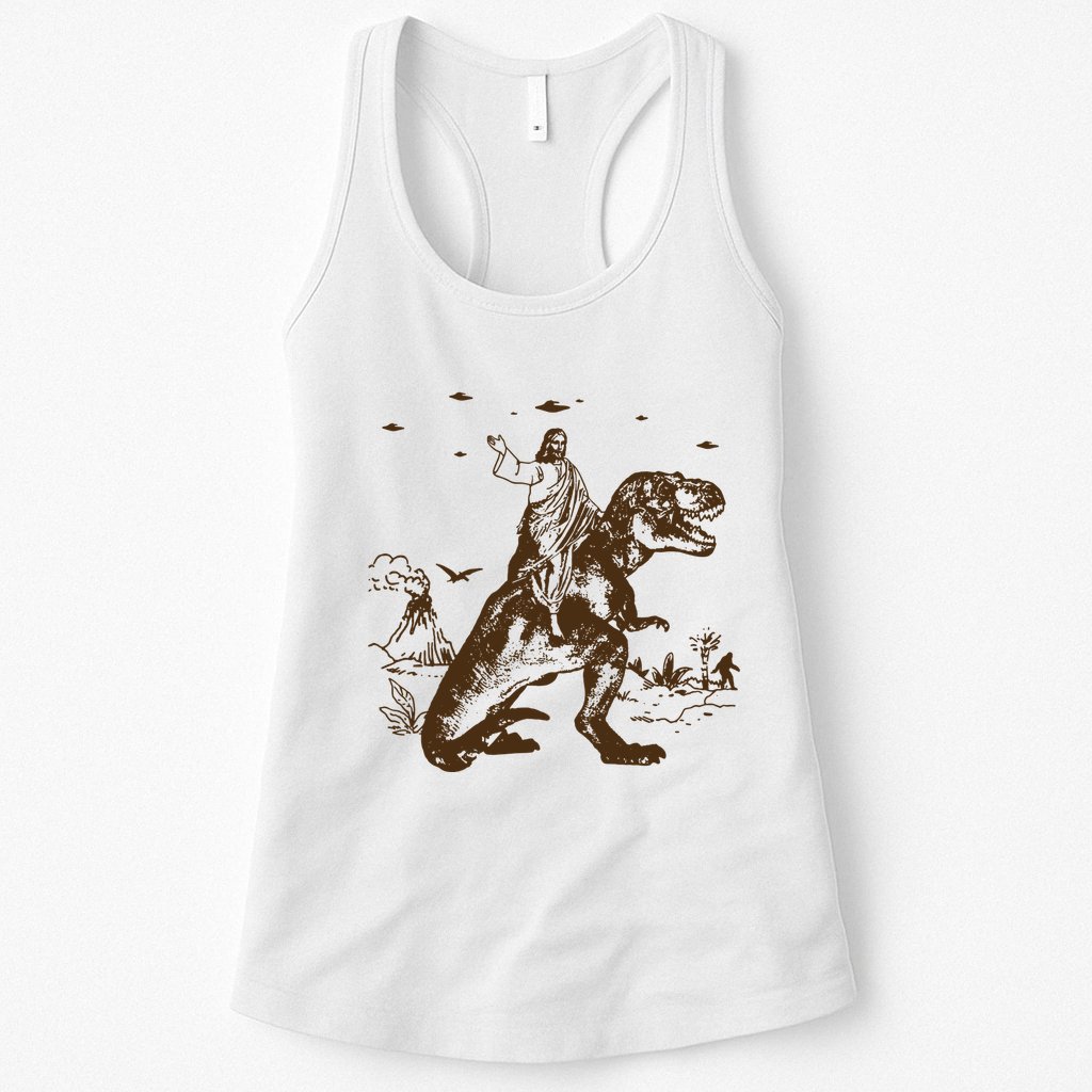 Jesus Riding Dinosaur Ufo Funny Womens Tank Top