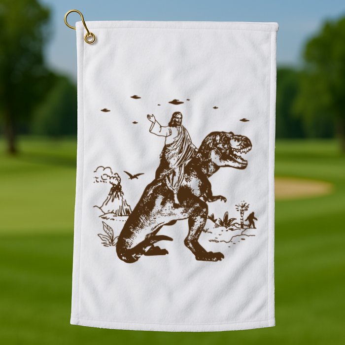 Jesus Riding Dinosaur Ufo Funny Golf Towel