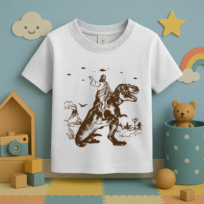 Jesus Riding Dinosaur Ufo Funny Toddler T-Shirt