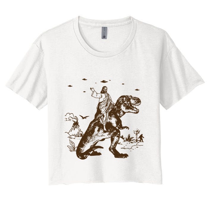 Jesus Riding Dinosaur Ufo Funny Women's Crop Top Tee