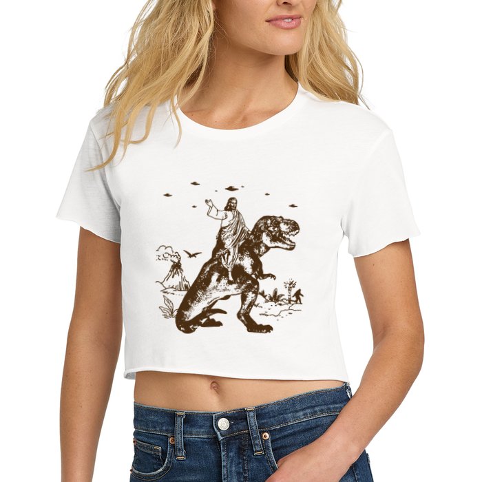 Jesus Riding Dinosaur Ufo Funny Women's Crop Top Tee
