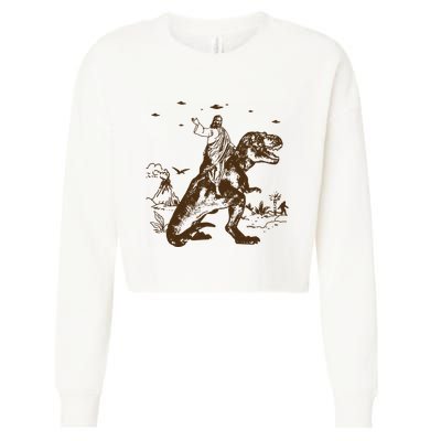 Jesus Riding Dinosaur Ufo Funny Cropped Pullover Crew