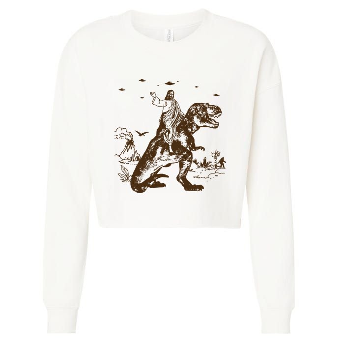 Jesus Riding Dinosaur Ufo Funny Cropped Pullover Crew