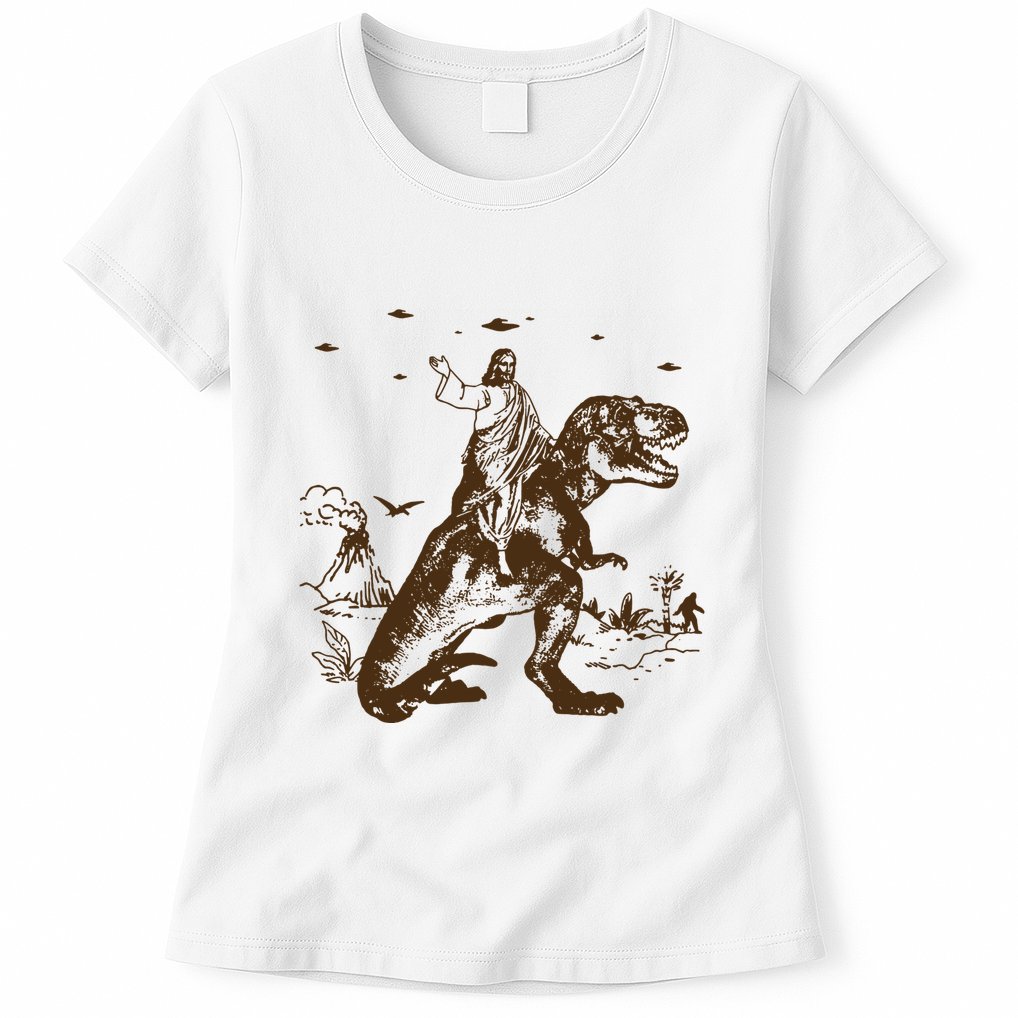 Jesus Riding Dinosaur Ufo Funny Womens T-Shirt