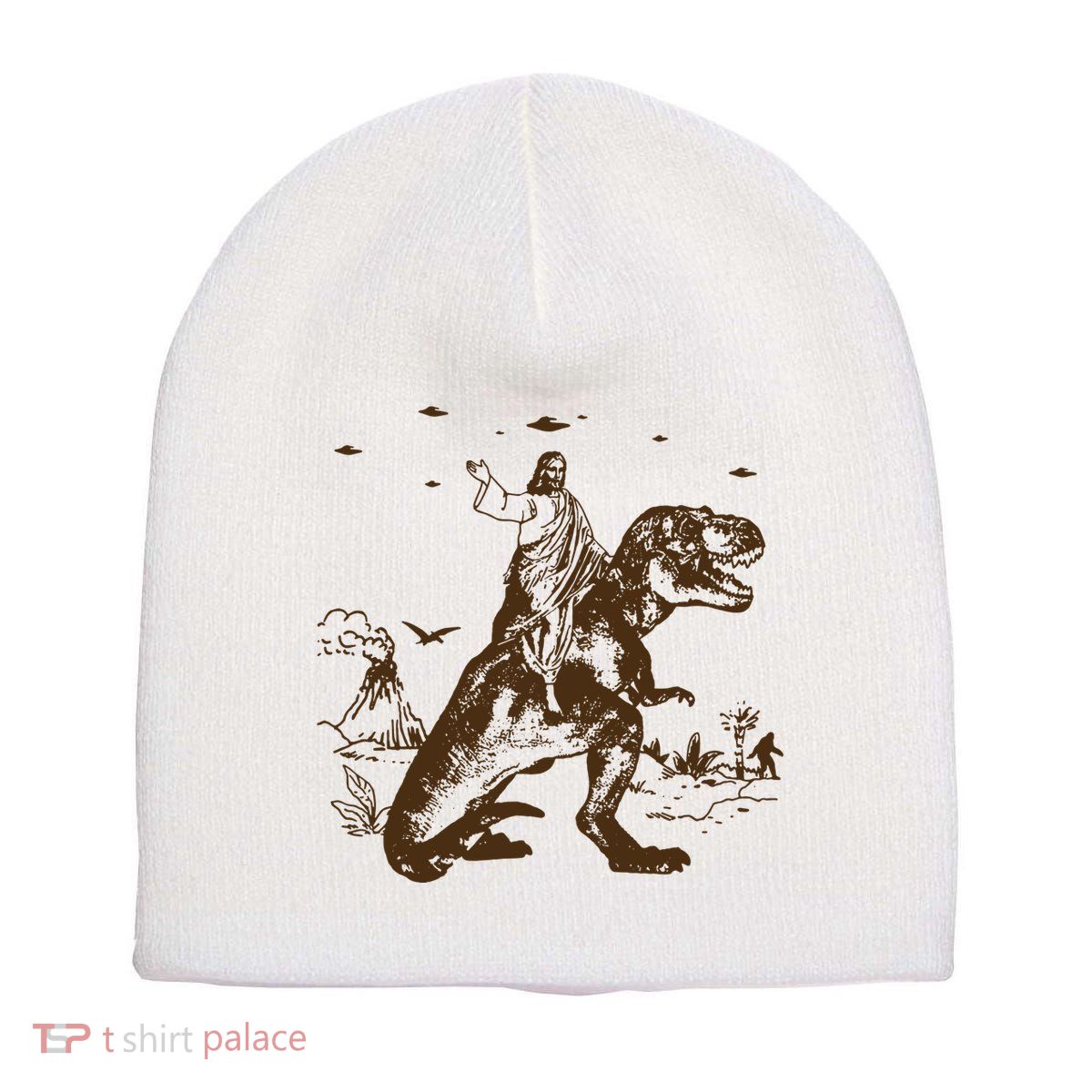 Jesus Riding Dinosaur Ufo Funny Short Acrylic Beanie