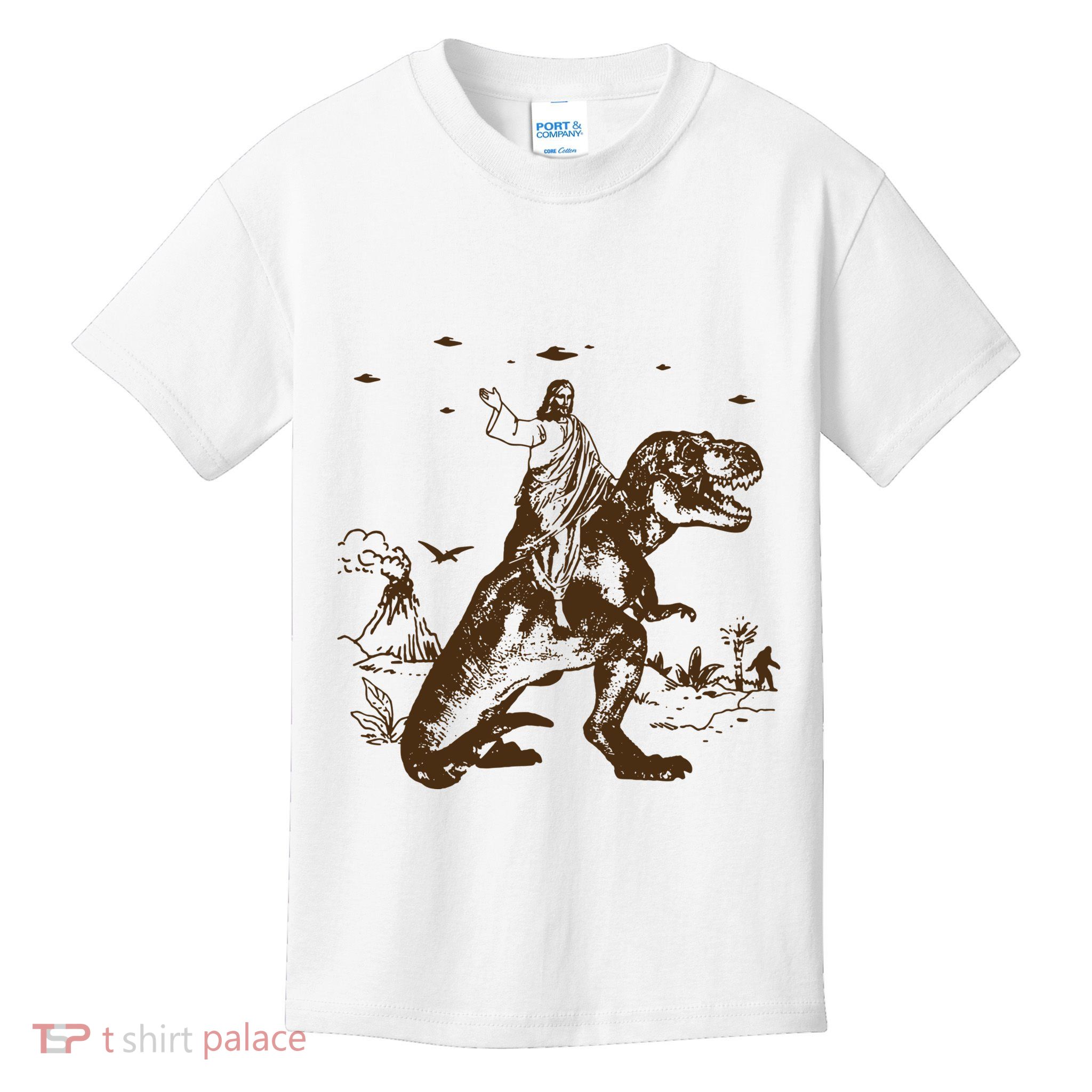 Jesus Riding Dinosaur Ufo Funny Kids T-Shirt