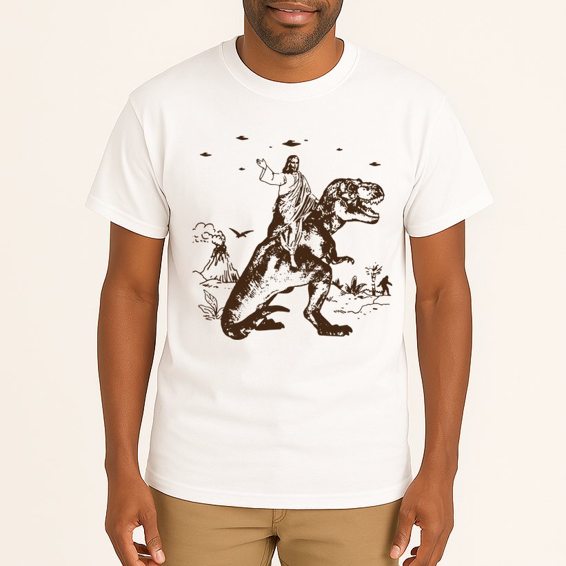 Jesus Riding Dinosaur T Shirt UFO T Shirt Funny T Shirts Offensive Cool Tall T-Shirt