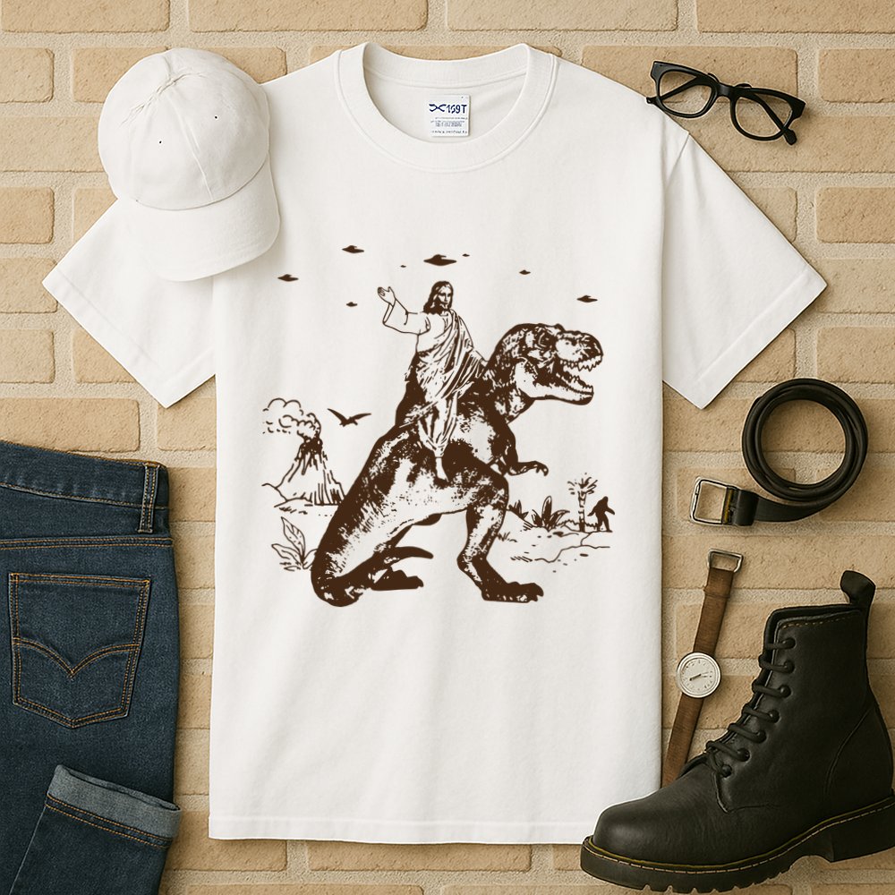 Jesus Riding Dinosaur T Shirt UFO T Shirt Funny T Shirts Offensive Cool Tall T-Shirt