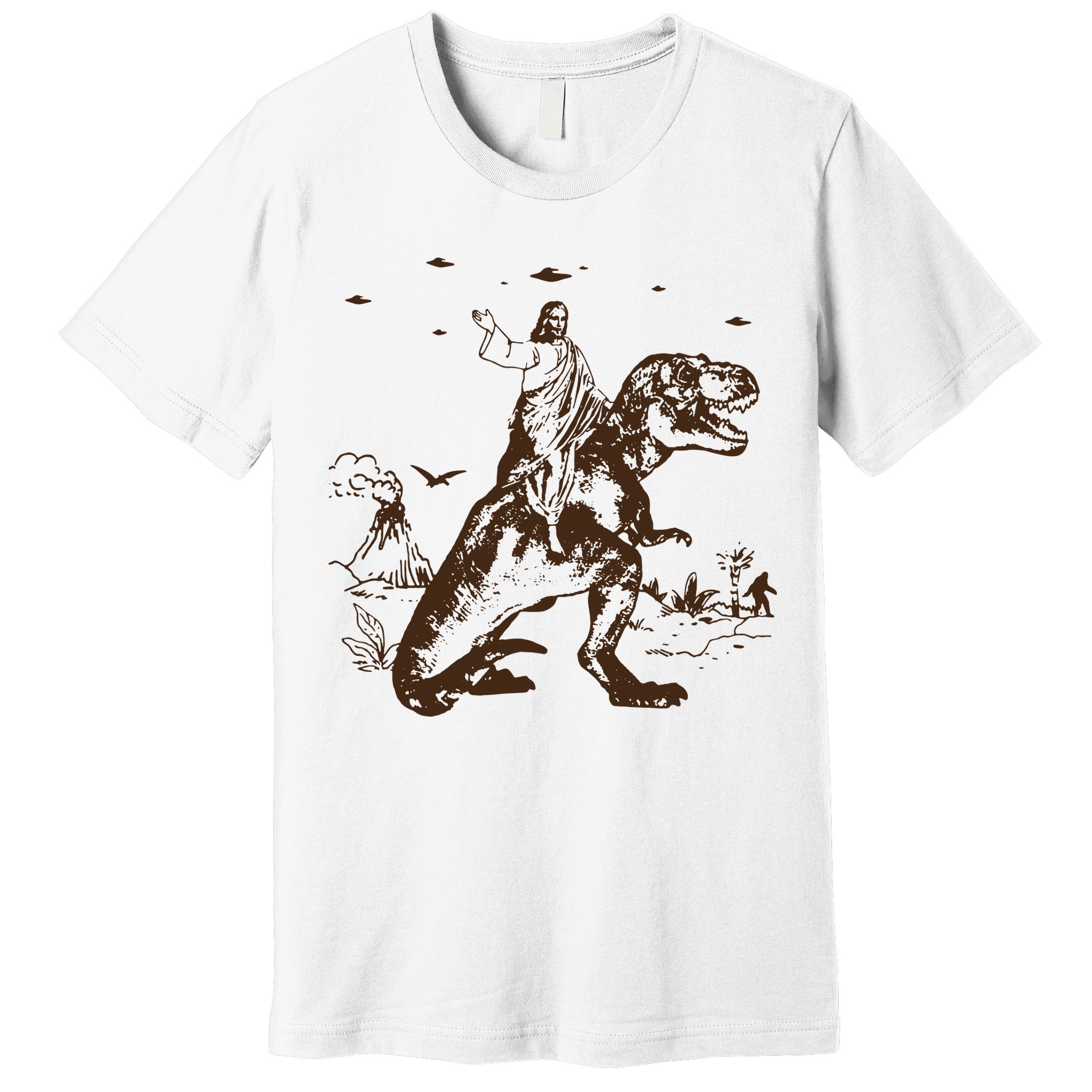 Jesus Riding Dinosaur T Shirt UFO T Shirt Funny T Shirts Offensive Cool Premium T-Shirt