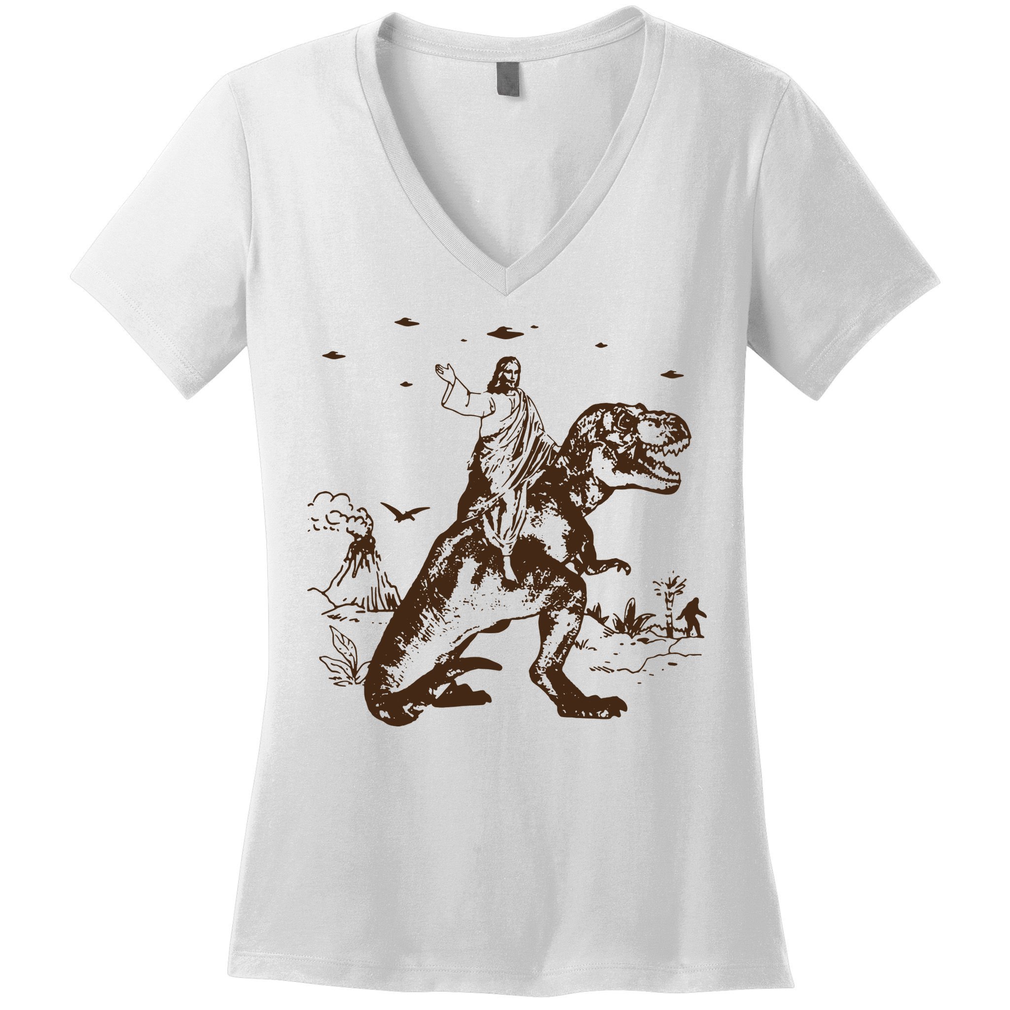 Jesus Riding Dinosaur T Shirt UFO T Shirt Funny T Shirts Offensive Cool Women's V-Neck T-Shirt