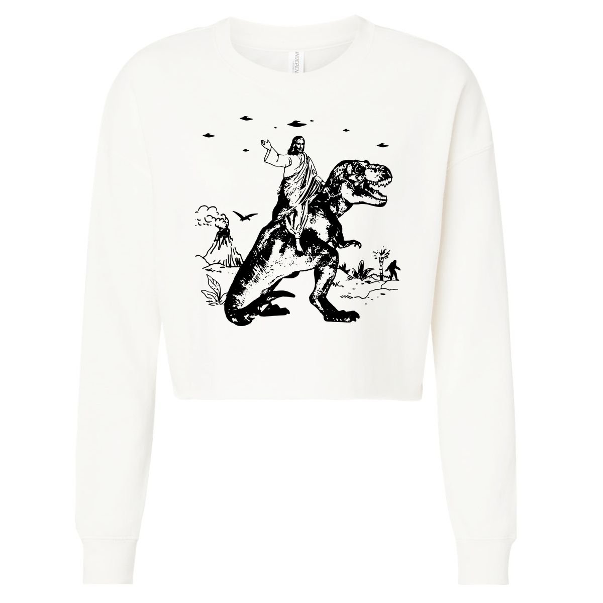 Jesus Riding Dinosaur T Shirt UFO T Shirt Funny T Shirts Offensive T Shirt Cool Cropped Pullover Crew