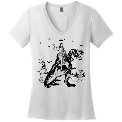 Jesus Riding Dinosaur T Shirt UFO T Shirt Funny T Shirts Offensive T Shirt Cool Women's V-Neck T-Shirt