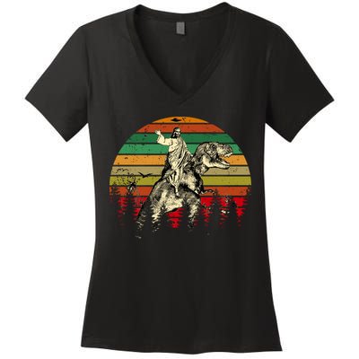 Jesus Riding Dinosaur Vintage Women's V-Neck T-Shirt