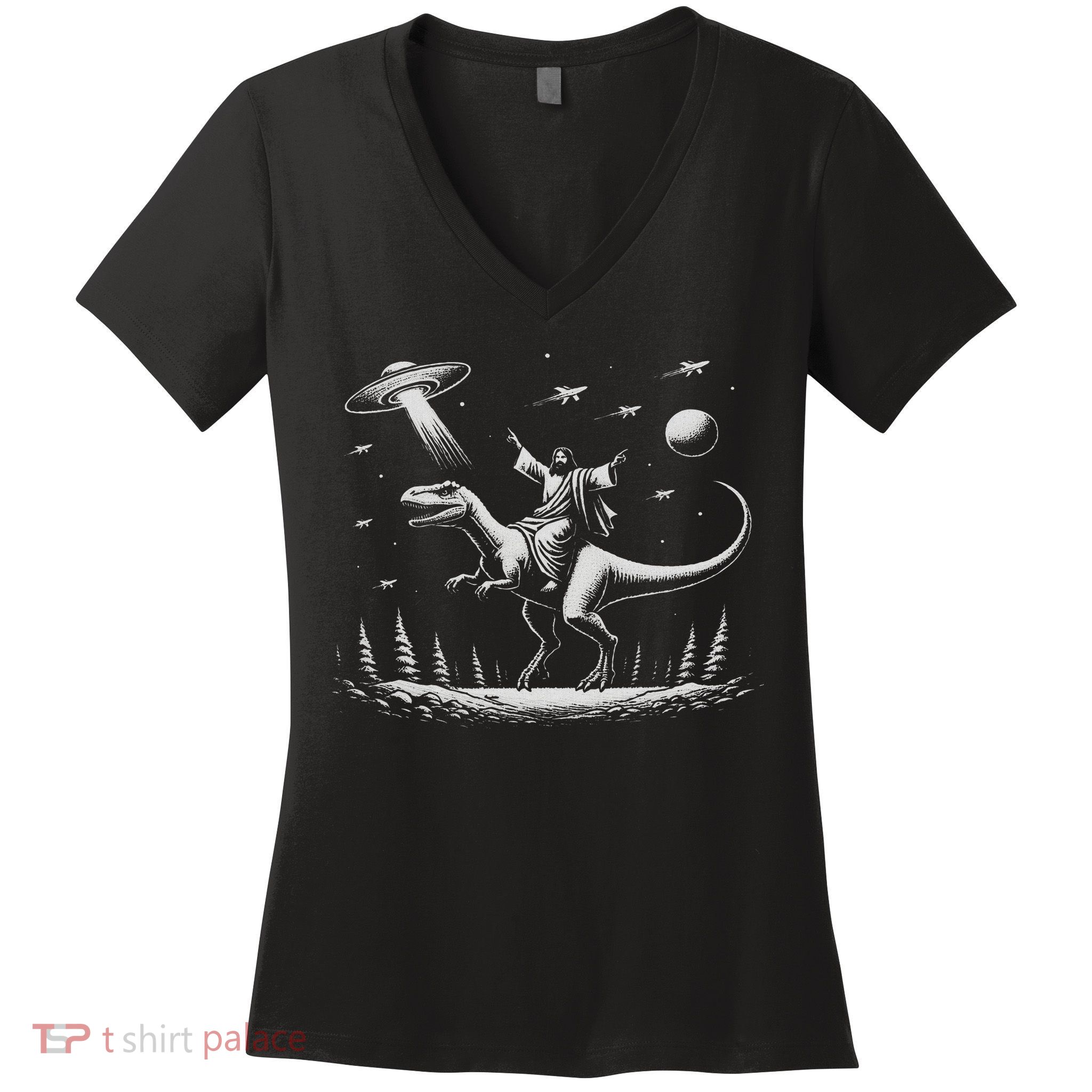 Jesus Riding Dinosaur Ufo Funny Women's V-Neck T-Shirt