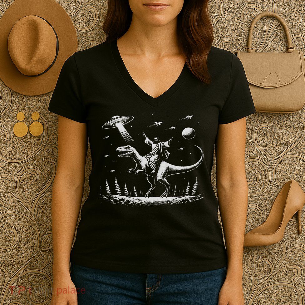 Jesus Riding Dinosaur Ufo Funny Women's V-Neck T-Shirt