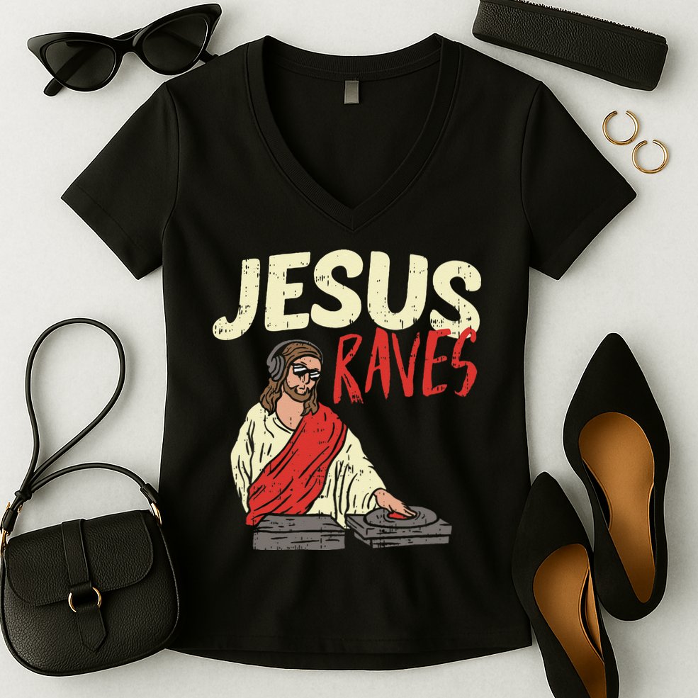 Jesus Raves Funny Electronic Music EDM Festival DJ Gift Women's V-Neck T-Shirt