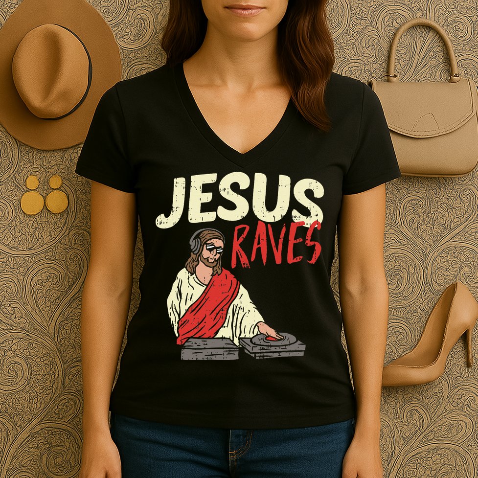 Jesus Raves Funny Electronic Music EDM Festival DJ Gift Women's V-Neck T-Shirt