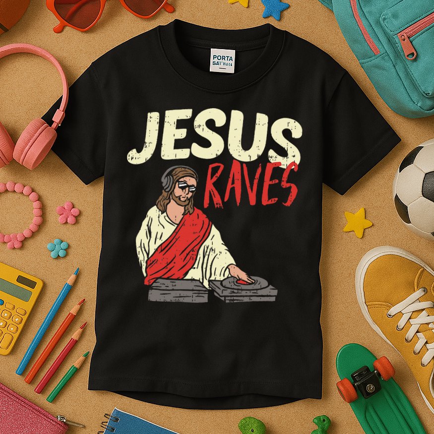 Jesus Raves Funny Electronic Music EDM Festival DJ Gift Kids T-Shirt