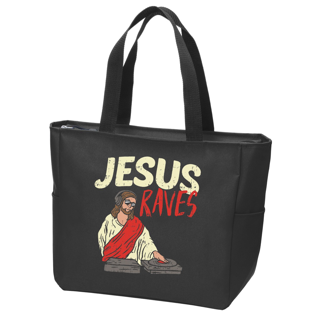 Jesus Raves Funny Electronic Music EDM Festival DJ Gift Zip Tote Bag