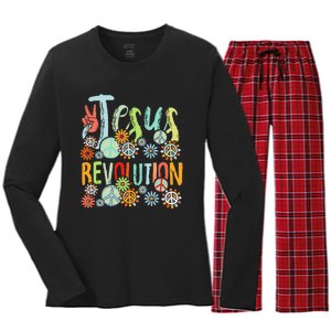 Jesus Revolution Faith Retro Groovy Flower Peace Sign Women's Long Sleeve Flannel Pajama Set 