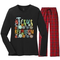 Jesus Revolution Faith Retro Groovy Flower Peace Sign Women's Long Sleeve Flannel Pajama Set 