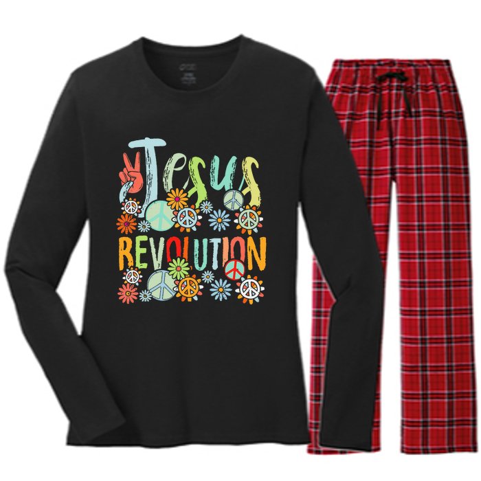 Jesus Revolution Faith Retro Groovy Flower Peace Sign Women's Long Sleeve Flannel Pajama Set 