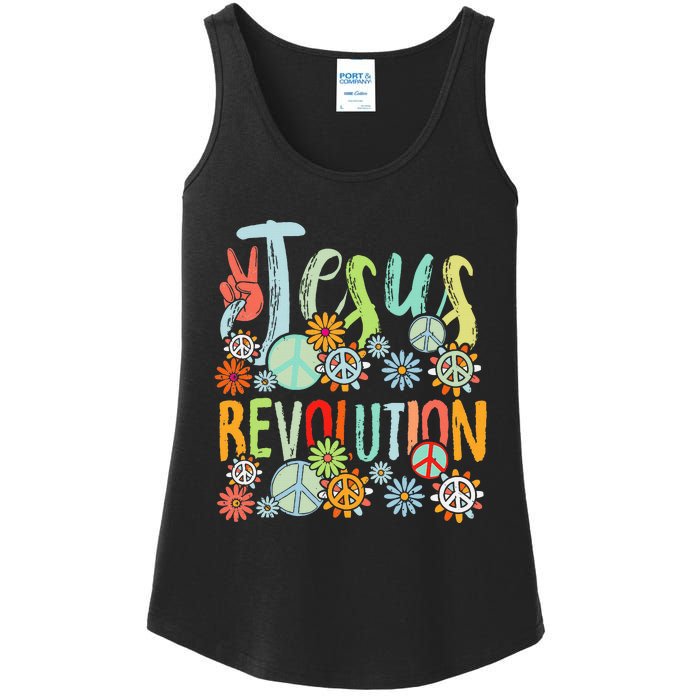 Jesus Revolution Faith Retro Groovy Flower Peace Sign Ladies Essential Tank