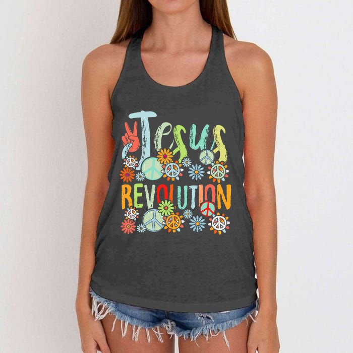 Jesus Revolution Faith Retro Groovy Flower Peace Sign Women's Knotted Racerback Tank