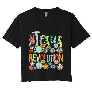 Jesus Revolution Faith Retro Groovy Flower Peace Sign Women's Crop Top Tee