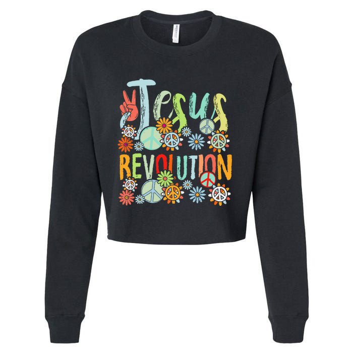 Jesus Revolution Faith Retro Groovy Flower Peace Sign Cropped Pullover Crew