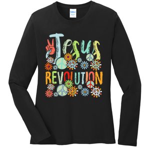 Jesus Revolution Faith Retro Groovy Flower Peace Sign Ladies Long Sleeve Shirt