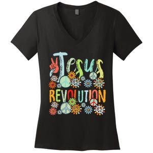 Jesus Revolution Faith Retro Groovy Flower Peace Sign Women's V-Neck T-Shirt