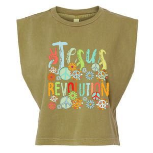 Jesus Revolution Faith Retro Groovy Flower Peace Sign Garment-Dyed Women's Muscle Tee